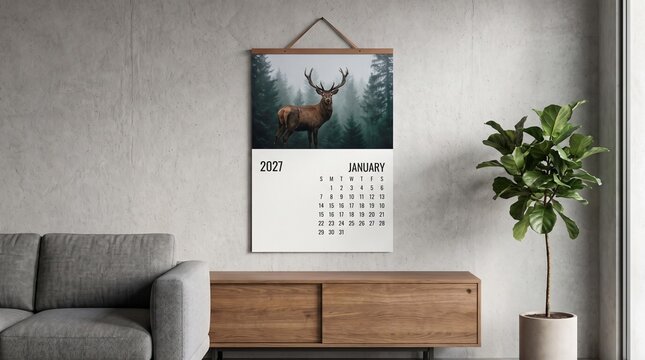 January 2027 wall calendar with stag photography hanging on a modern living room concrete wall