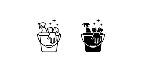 Black and outline bucket with cleaning supplies icons. © Visionix