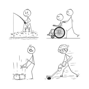 Set of Four Stick Figure Concepts Showing Daily Activities and Sports including Fishing Wheelchair Assistance and Hockey - Isolated PNG Transparent Background