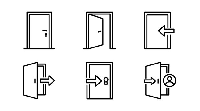 Door and entrance security icon set featuring entry, exit, access, key, lock, card entry, directional arrows, revolving door, and elevator symbols in black outline style.