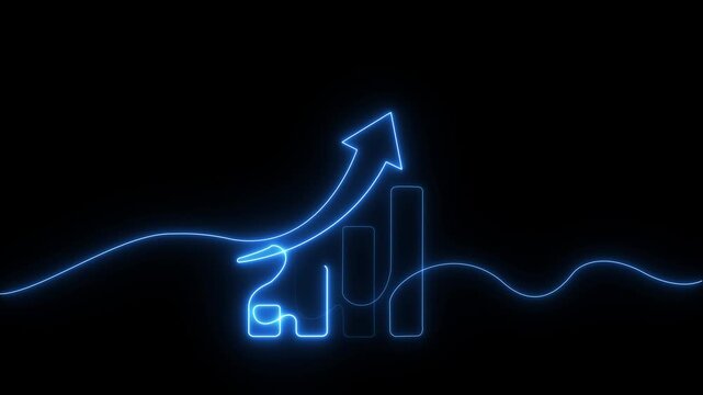 Growing neon business chart with rising arrow and glowing bar graph symbolizing financial success, market growth, investment progress, profit increase and economic development animation
