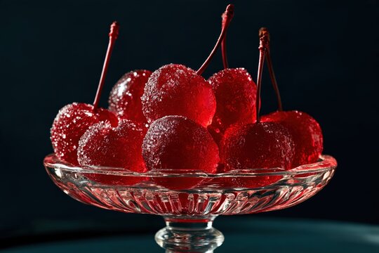 candied red cherries coated with sparkling sugar crystals arranged in an elegant glass dessert dish against a dark background