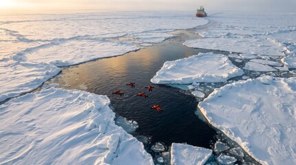 Fototapeta premium Arctic Geometry: High-Angle Aerial View of Ice Floating, Open-Water Channel, and Distant Icebreaker in Finnish Lapland