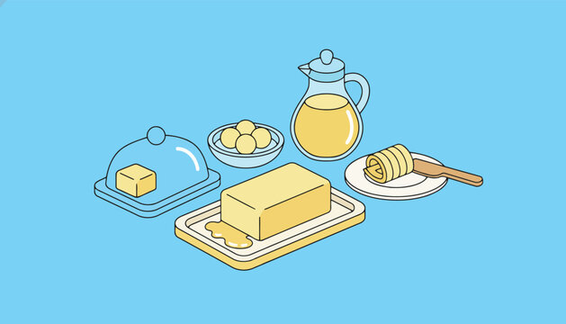 Delicious breakfast table spread features fresh butter blocks under glass domes and a pitcher of juice.