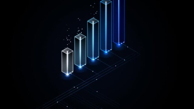 Futuristic isometric glowing neon bar chart showing digital business growth on dark background