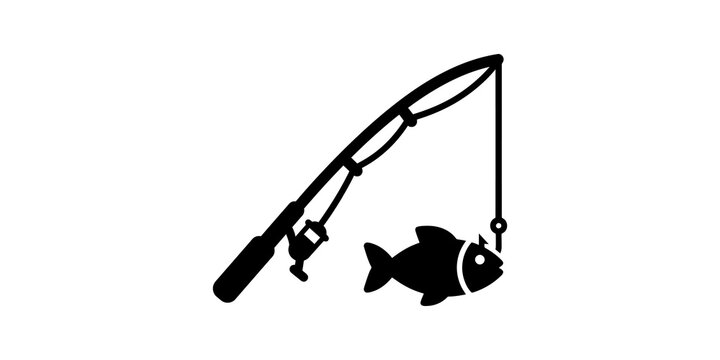 Black fishing rod with fish on hook icon on transparent background.