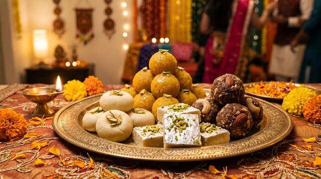 Festive Navratri sweet collection banner featuring traditional motichoor laddoos, milk sweets, barfi, and diyas on a brass thali