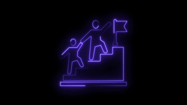Neon style leader helping person climb stairs to reach a flag on a black background