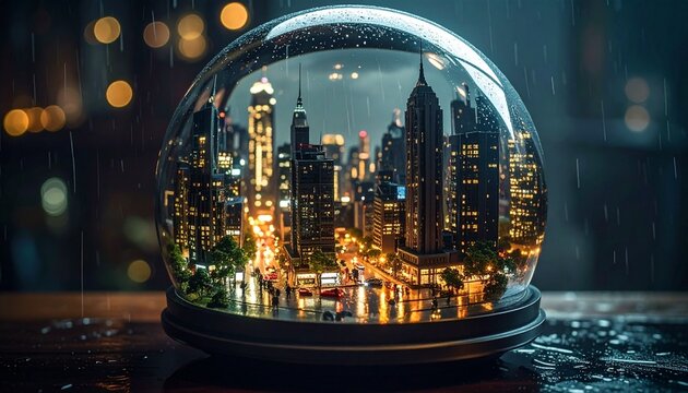 Crystal ball containing a miniature illuminated skyscraper skyline at night with miniature city glass sphere city lights