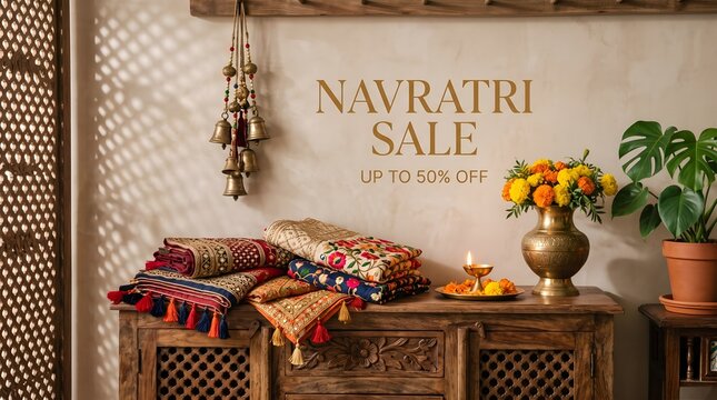 Festive Navratri sale banner featuring traditional folded Chaniya Choli, diya, brass bells, and ethnic decor with copy space