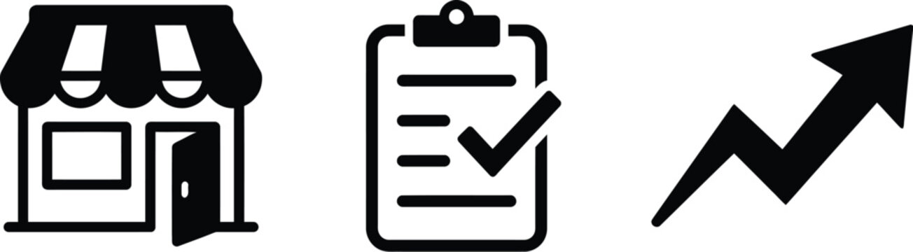 Set of business icons including a store, a checklist, and an upward trending arrow