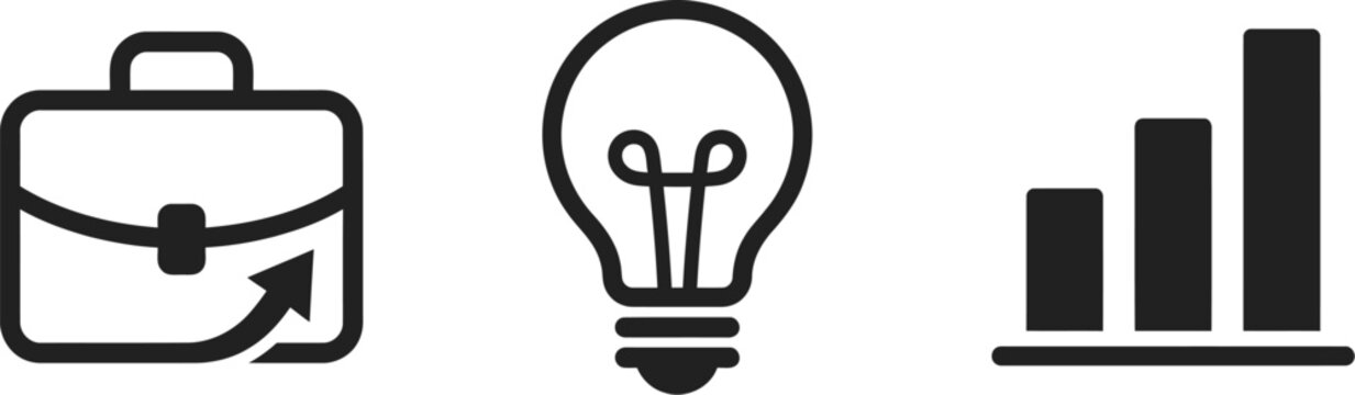 Set of three business icons including a briefcase with an arrow, a lightbulb, and a bar chart