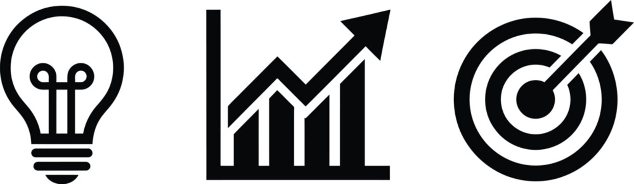 Set of three black icons representing innovation, business growth, and goal achievement