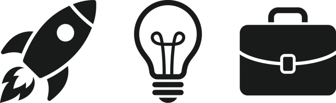 Set of three black icons representing a rocket, a light bulb, and a briefcase