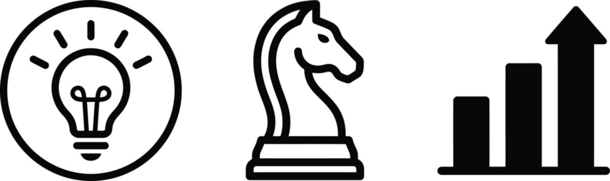 Set of three business icons including a lightbulb for innovation, a chess knight for strategy, and a bar chart for growth