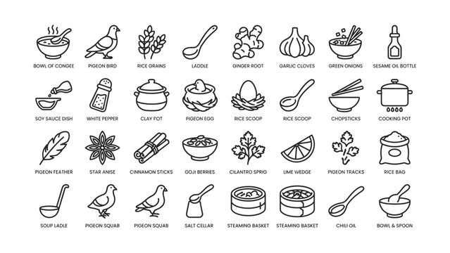 Collection of Traditional Asian Cooking Ingredients and Tools Illustrated with Line Icons on Transparent Background