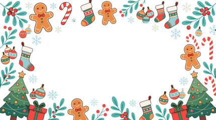 Fototapeta premium Cute Christmas Border with Gingerbread, Candy Canes and Copy Space