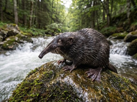 Rare Pyrenean desman Galemys pyrenaicus resting on a mossy rock in a fast flowing mountain stream