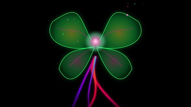 Glowing neon four leaf clover animation with vibrant colorful light trails on black background
