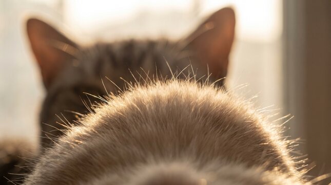 Fluffy cat facing camera in warm sunlight, ears alert