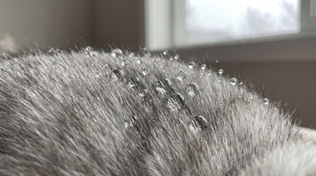 Water droplets on gray cat fur by window light