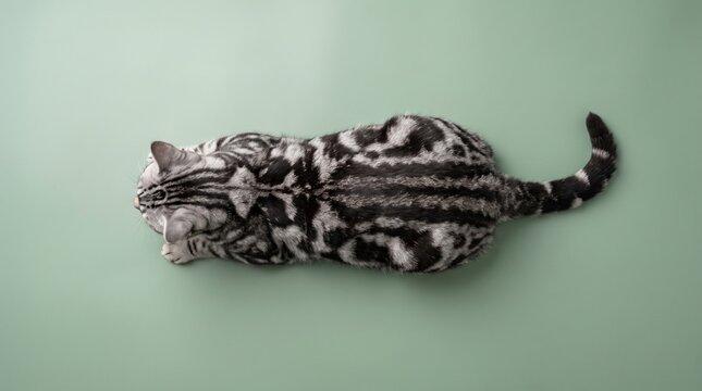 Tabby cat lying down on mint green background overhead view