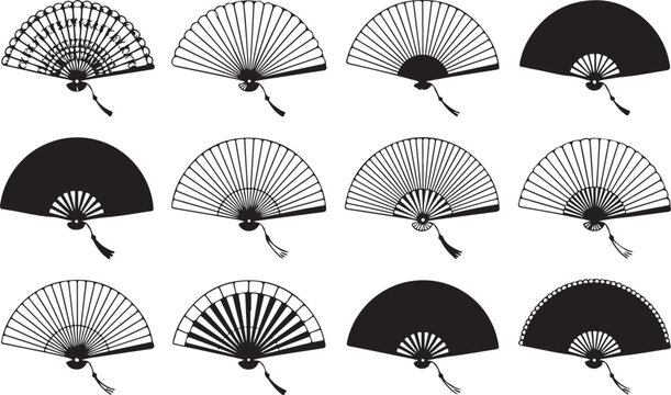 Collection of black silhouette hand fans featuring traditional japanese uchiwa and folding designs
