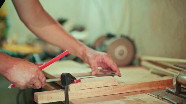 Close-up of a craftsman using a red pencil and metal square to mark drilling points on a wooden plank in a workshop. Authentic DIY woodworking footage for craft and maker projects