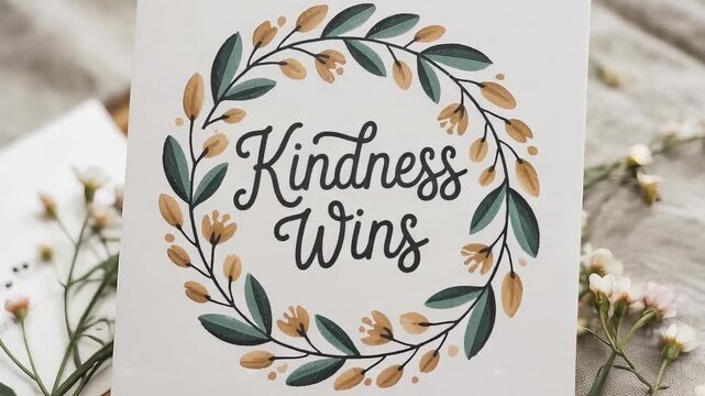 Kindness Wins Inspirational Greeting Card with Botanical Floral Wreath