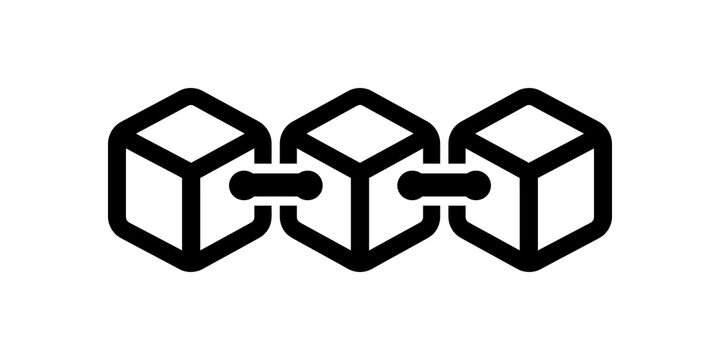 Black outline blockchain icon with three connected cubes for data.