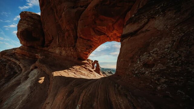 Delicate Arch framed cloud sky time lapse. Arches National Park landscape, Utah, USA. Video loop