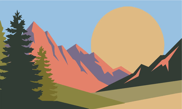 Colorful minimalist mountain landscape illustration capturing the tranquility of a sunset over towering peaks, surrounded by lush evergreen forests and glowing sky