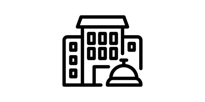 Black outline hotel building and bell icon for travel accommodation.