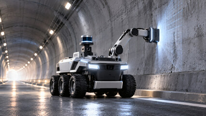Fototapeta premium Autonomous robotic inspection vehicle scanning a concrete tunnel interior, AI generated