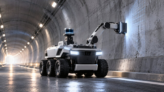 Autonomous robotic inspection vehicle scanning a concrete tunnel interior, AI generated