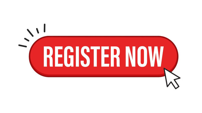 Red vector register now button illustration with cursor pointer on white background