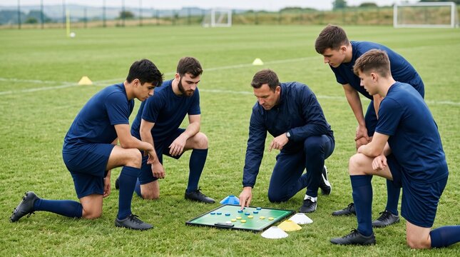Soccer Coach Explains Strategy to Young Players Using a Tactical Board on a Grassy Field