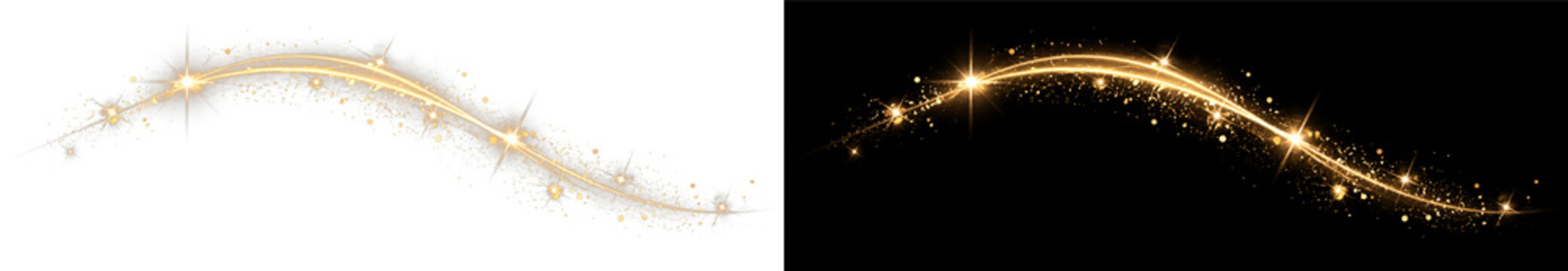 Radiant golden sparkle PNG overlay with luminous curved trail and glitter particles, on transparent background