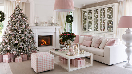 Obraz premium Elegant living room interior featuring a beautiful Christmas tree, comfortable sofa, glowing fireplace, and holiday decorations