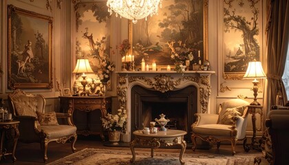 Fototapeta premium Elegant Victorian living room with fireplace and warm lighting