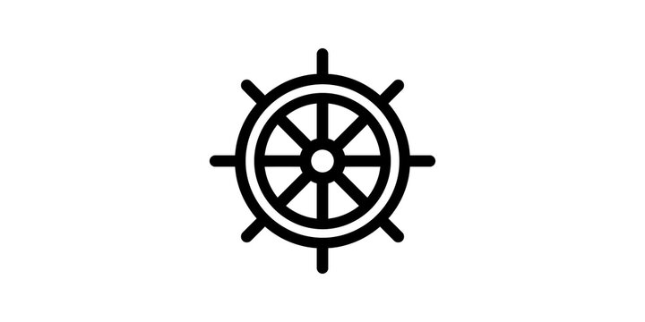 Black outline ship wheel icon for navigation and maritime themes.