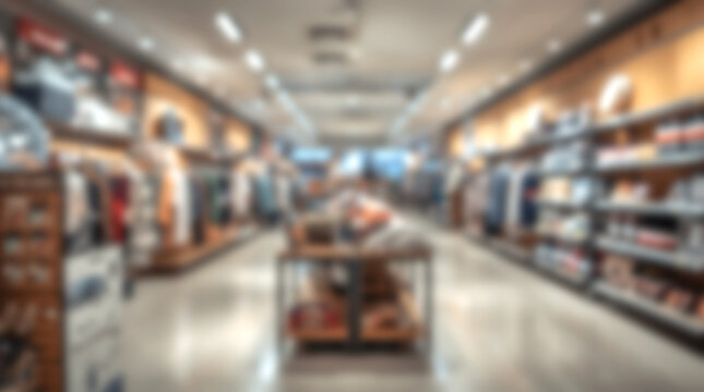 Blurred retail store interior with clothing and merchandise displays.