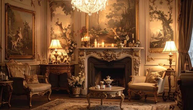 Elegant Victorian living room with fireplace and warm lighting