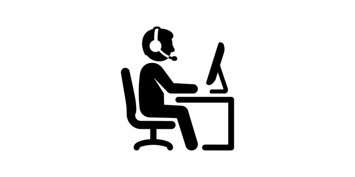 Customer service operator with headset at desk working on computer.