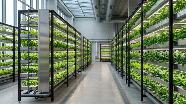 Vertical farming facility with rows of hydroponic greens in a modern greenhouse