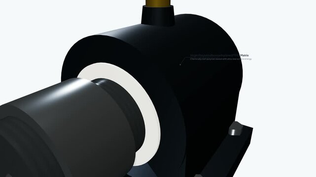 3D engineering animation explaining the mechanism of a PTFE self-lubricating bearing showing tangential shear delaminating polymer lamellae and micro-flakes burnishing into steel asperities