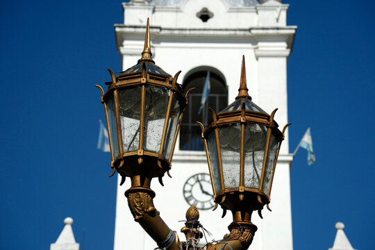 Ornate Bronze Street Lamp with Colonial Bell Tower Buenos Aires