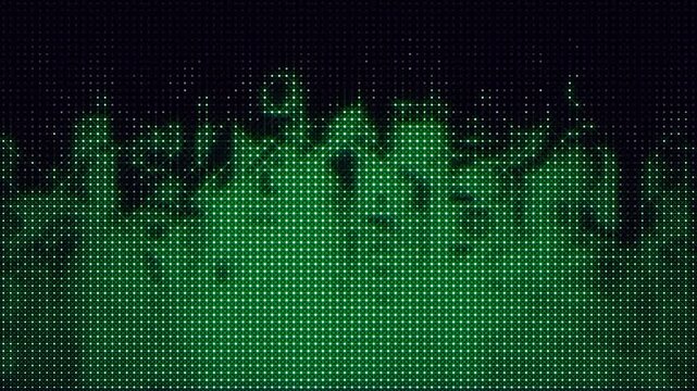 Dynamic green glowing pixel matrix simulating fire flames or audio equalizer bars. Ideal for cyberpunk themes, retro gaming backgrounds, technology concepts and music visualizers.