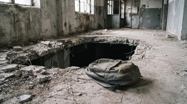 Backpack on floor in abandoned building representing a teenager&rsquo;s presence