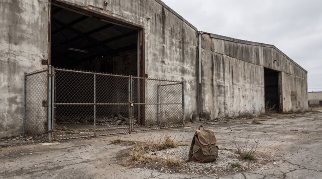 Backpack outside abandoned building representing teenager presence